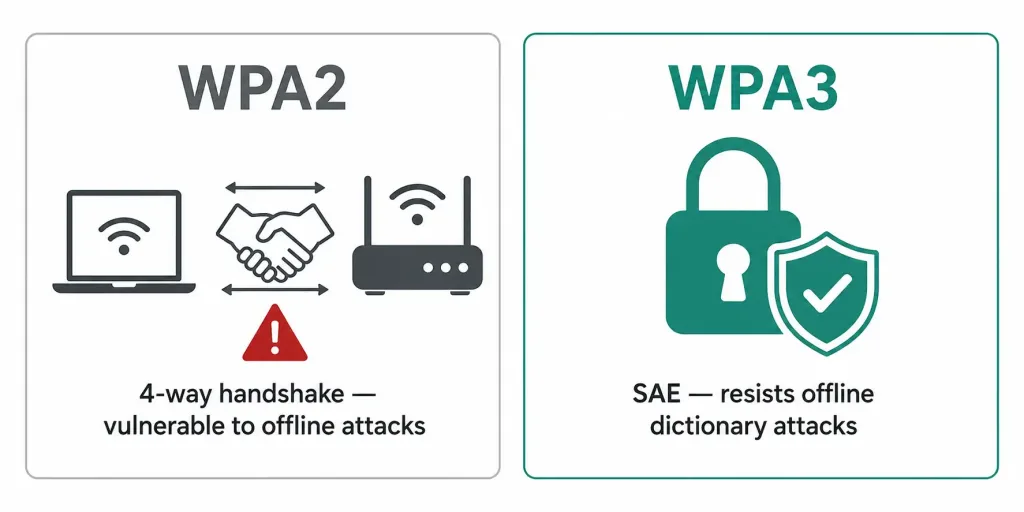 Wireless Technologies: Wi-Fi, Cellular, Satellite, And Iot Compared 3 Comparison Showing Wpa2'S Vulnerable Four-Way Handshake Versus Wpa3'S Sae Resisting Offline Dictionary Attacks