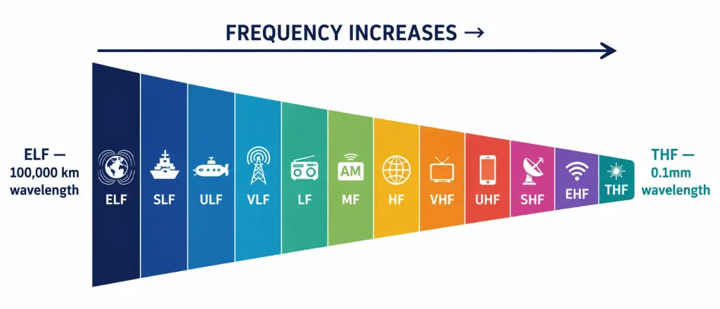 Radio Frequencies: The Itu Band Chart Explained 2 Diagram Showing Wavelength Shrinking From 100,000 Km At Elf Down To 0.1Mm At Thf As Frequency Increases