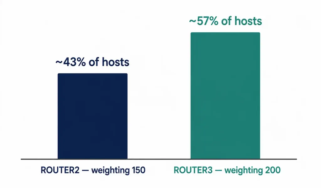 How To Configure Glbp: Active-Active Gateway Load Balancing 3 Bar Chart Showing Traffic Split Proportionally Between Two Routers Based On Their Configured Weighting Values