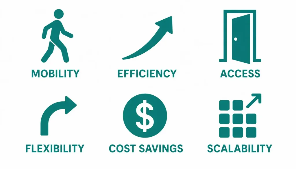 Introduction To Wireless Networking: Wlan Fundamentals 3 Five Icons Representing Mobility, Efficiency, Access, Flexibility, Cost Savings, And Scalability As Wlan Business Benefits