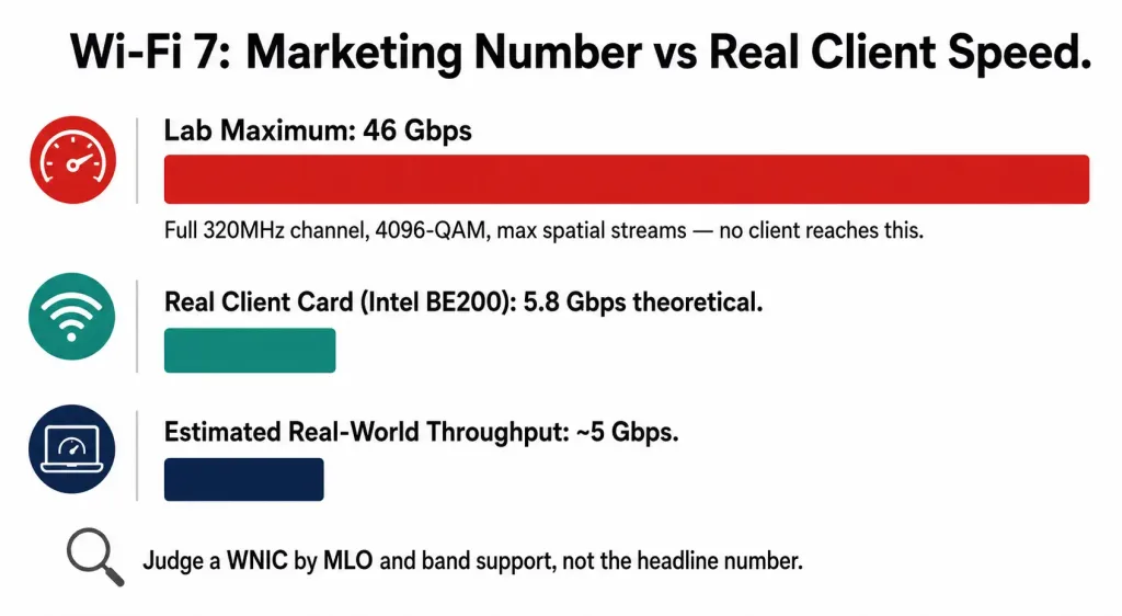 Wireless Network Interface Card (Wnic): How It Works, Types, And What Matters In 2026 3 Bar Chart Contrasting The Advertised 46 Gbps Wi-Fi 7 Lab Maximum With The Intel Be200'S Real Theoretical Speed Of 5.8 Gbps And Estimated Real-World Throughput Of About 5 Gbps