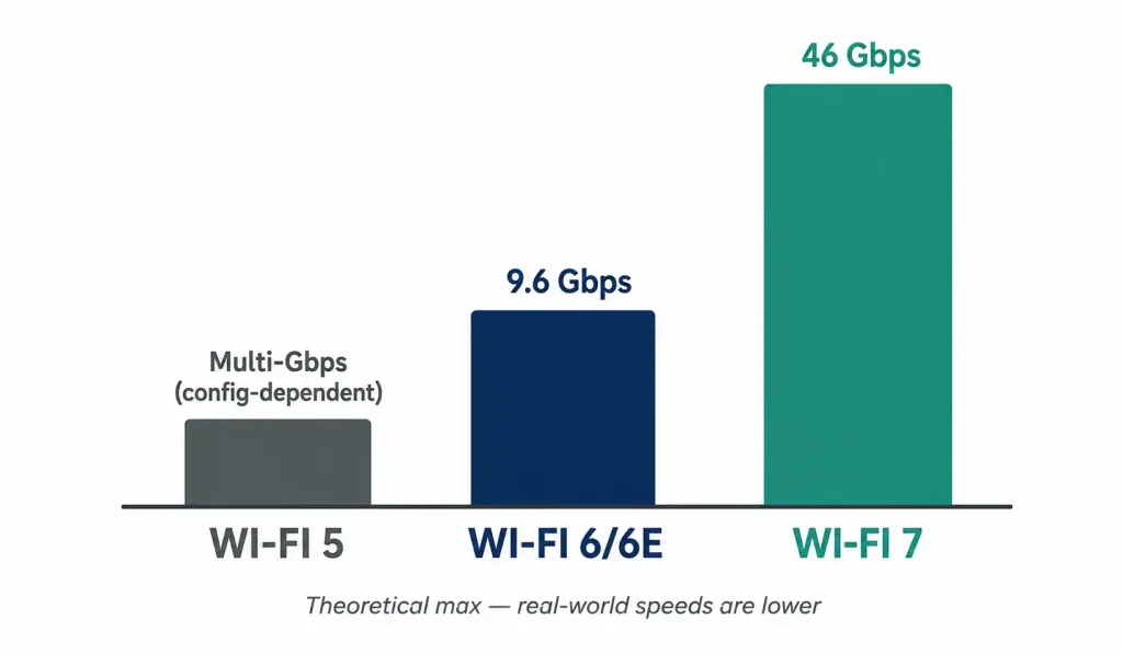 Wireless Technologies: Wi-Fi, Cellular, Satellite, And Iot Compared 2 Bar Chart Comparing Verified Maximum Theoretical Speeds Of Wi-Fi 5, Wi-Fi 6/6E, And Wi-Fi 7