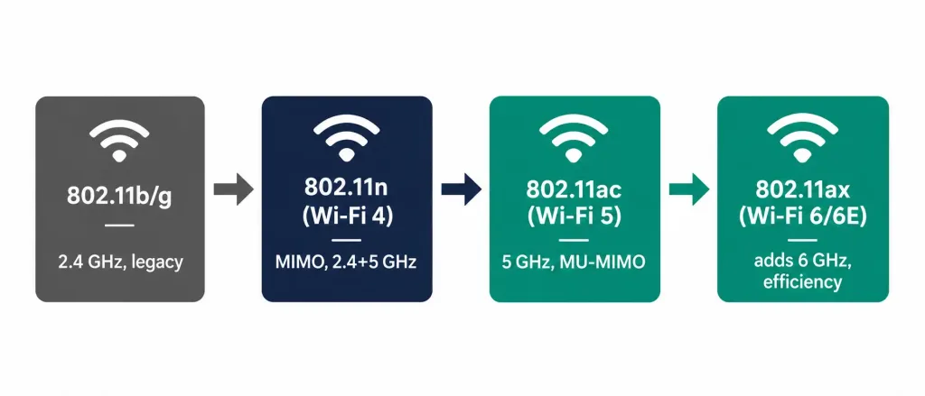 Introduction To Wireless Networking: Wlan Fundamentals 4 Timeline Showing The Evolution From 802.11B/G Through Wi-Fi 4, 5, And 6/6E