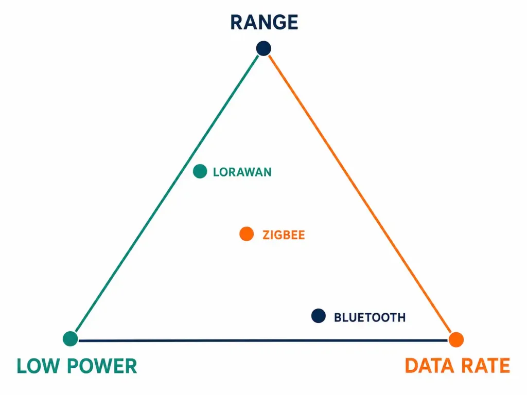 Wireless Technologies: Wi-Fi, Cellular, Satellite, And Iot Compared 4 Triangle Diagram Showing The Three-Way Trade-Off Between Range, Power Consumption, And Data Rate For Bluetooth, Zigbee, And Lpwan