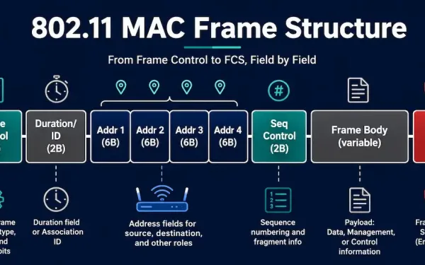 Infographic Showing The Sequence Of 802.11 Mac Frame Fields From Frame Control Through The Four Address Fields, Sequence Control, Frame Body, And Fcs