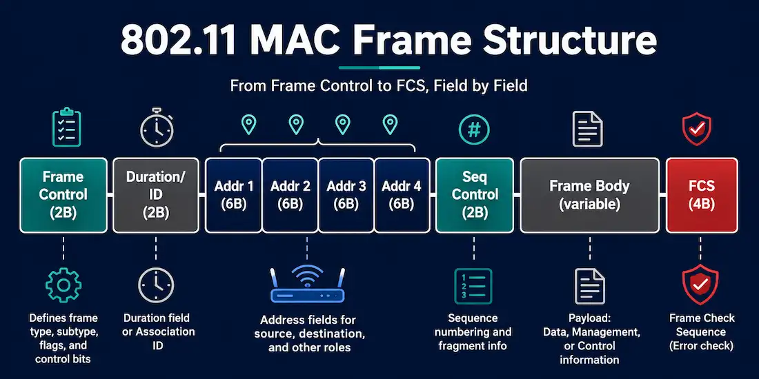 The 802.11 Wireless Frame: Mac Header Fields Explained 1 Infographic Showing The Sequence Of 802.11 Mac Frame Fields From Frame Control Through The Four Address Fields, Sequence Control, Frame Body, And Fcs