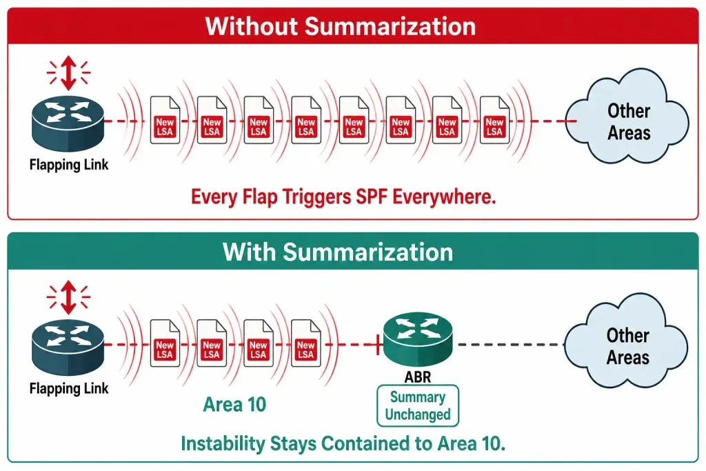 Ospf Route Summarization: Inter-Area And External, With Both Commands 2 Comparison Showing A Flapping Link'S Lsa Updates Propagating To Every Other Area Without Summarization, Versus Being Contained Behind An Unchanged Summary Route With Summarization Configured