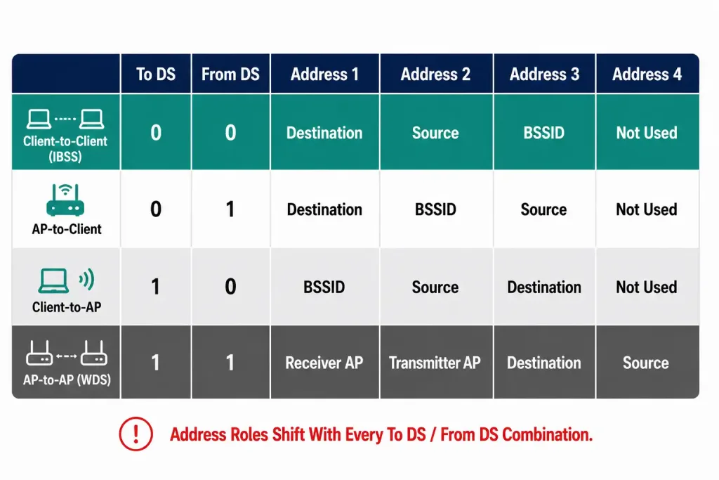 The 802.11 Wireless Frame: Mac Header Fields Explained 3 Table Showing How The Meaning Of Address 1 Through Address 4 In An 802.11 Frame Changes Based On The To Ds And From Ds Bit Combination, Covering Client-To-Client, Ap-To-Client, Client-To-Ap, And Ap-To-Ap Wds Scenarios