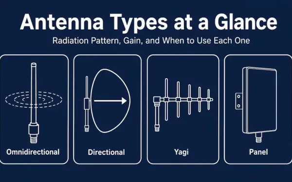 Infographic Showing Four Wireless Antenna Types Side By Side: Omnidirectional, Directional, Yagi, And Panel