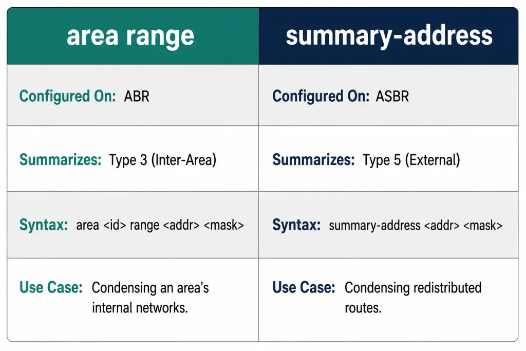 Ospf Route Summarization: Inter-Area And External, With Both Commands 3 Side-By-Side Comparison Table Of Ospf'S Area Range Command For Abr Inter-Area Summarization And Summary-Address Command For Asbr External Route Summarization