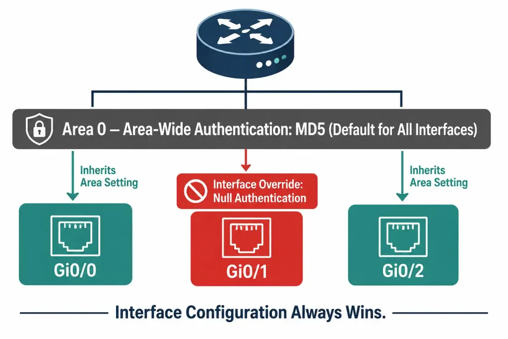 How To Configure Ospf Md5 Authentication 2 Diagram Showing An Area-Wide Md5 Authentication Setting Applying To Two Interfaces By Default, While A Third Interface With Its Own Configuration Overrides The Area Setting