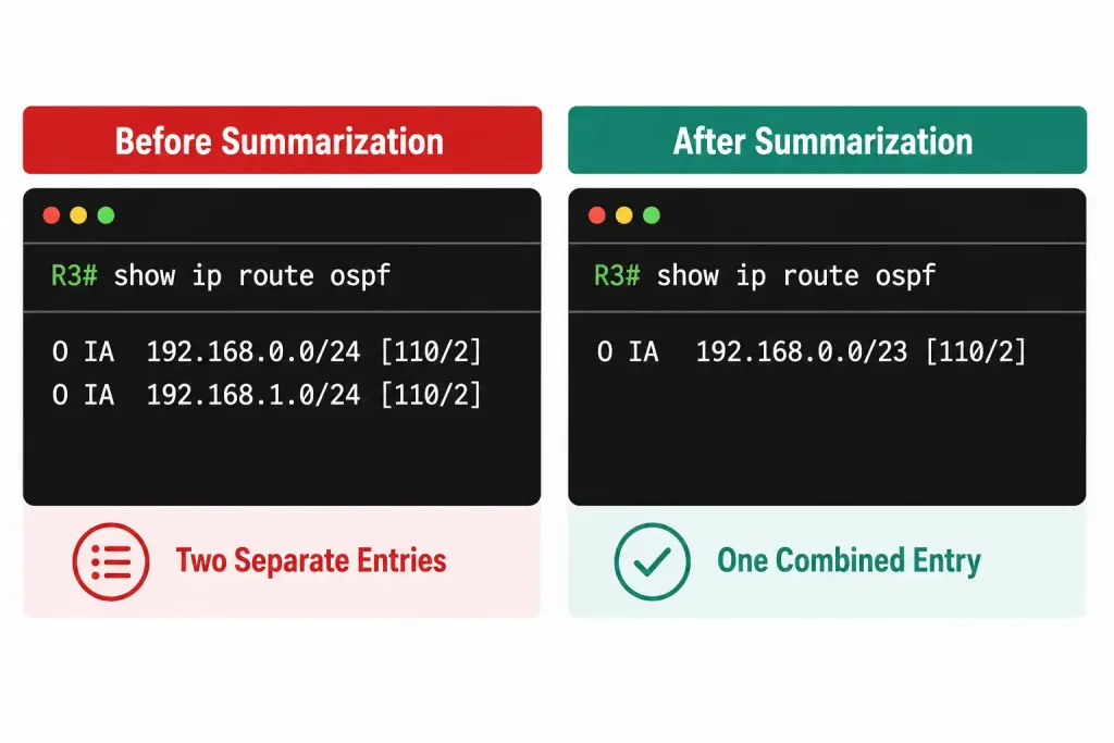 Interarea Route Summarization: Calculating The Summary Address By Hand 3 Before And After Routing Table Comparison Showing Two Separate O Ia Entries For 192.168.0.0/24 And 192.168.1.0/24 Collapsing Into A Single O Ia 192.168.0.0/23 Entry After Summarization
