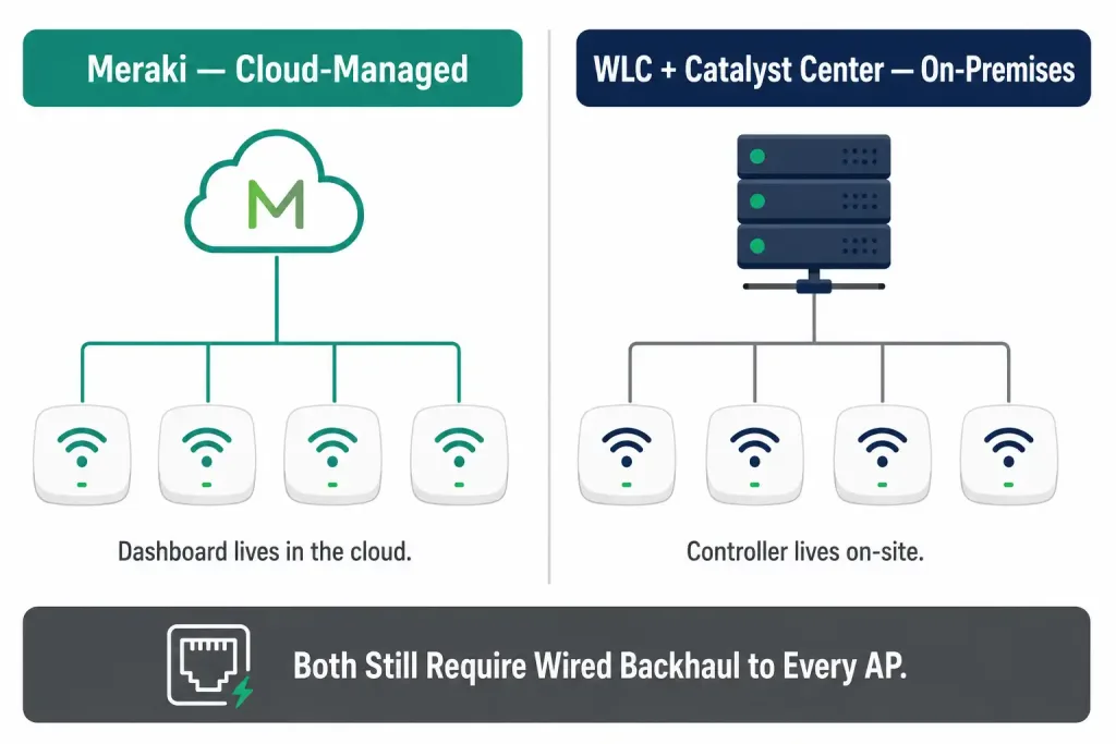 Wireless Deployment Solutions: Small Vs. Large Scale, Explained For 2026 3 Side-By-Side Diagram Comparing Meraki'S Cloud-Based Dashboard Management With An On-Premises Wireless Lan Controller And Catalyst Center Architecture, Both Connecting Down To Access Points