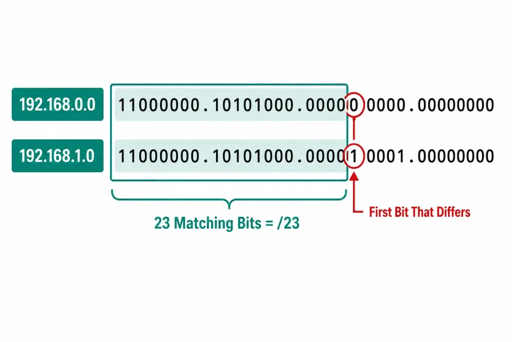 Interarea Route Summarization: Calculating The Summary Address By Hand 2 Bit-By-Bit Comparison Of 192.168.0.0 And 192.168.1.0 In Binary Showing 23 Matching Leading Bits Before The First Difference, Resulting In A /23 Summary Mask