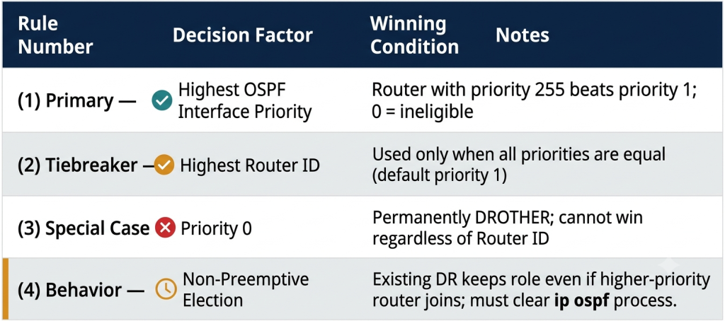 Ospf Priority: Dr/Bdr Election, Configuration, And Verification 2 Ospf Dr/Bdr Election Rules Table Showing Four Decision Factors: Highest Priority Wins, Router Id Breaks Ties, Priority 0 Permanently Disqualifies A Router, And The Election Is Non-Preemptive