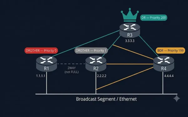 Ospf Network Topology Diagram Showing Four Routers On A Broadcast Ethernet Segment With R3 Elected As Dr With Priority 200, R4 As Bdr With Priority 199, R2 As Drother With Priority 1, And R1 As Permanent Drother With Priority 0, With Full Adjacency Lines And A 2Way Dashed Line Between The Two Drothers