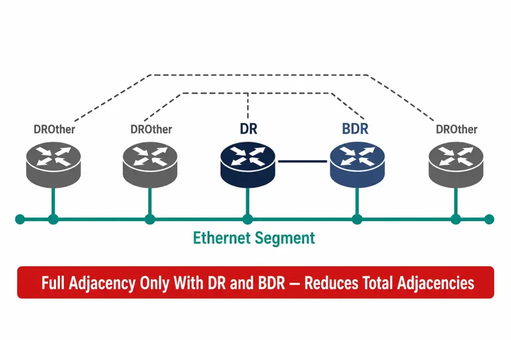 Types Of Ospf Networks: Point-To-Point, Broadcast, Nbma, And More 3 Diagram Of Five Routers On An Ethernet Broadcast Segment Showing Dr And Bdr Election, With Other Routers Forming Adjacencies Only With The Dr And Bdr