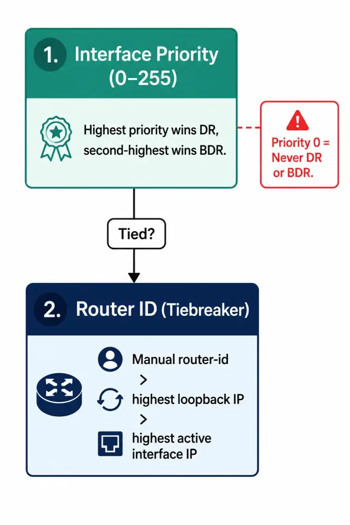 Ospf Designated Router: Role, Election, And A Worked Failure Scenario 2 Flowchart Showing Ospf Dr And Bdr Election Falls Back From Interface Priority To Router Id As A Tiebreaker, With Priority 0 Permanently Excluding A Router