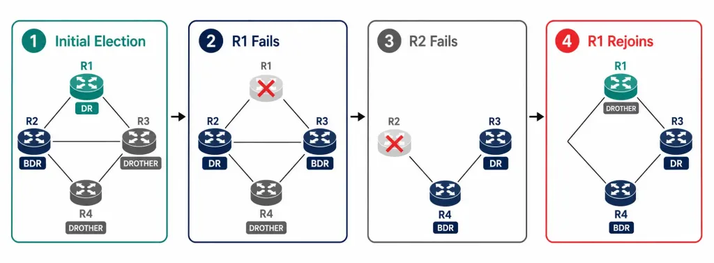 Ospf Designated Router: Role, Election, And A Worked Failure Scenario 3 Four-Panel Sequence Showing Ospf Designated Router (Dr) And Bdr Roles Changing As Routers Fail And Rejoin, Ending With The Original Dr Rejoining Only As A Drother