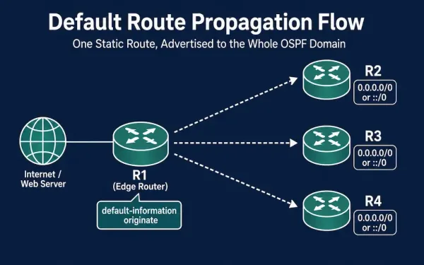 Diagram Showing An Edge Router R1 With A Static Default Route To The Internet Propagating That Route Via Ospf To Three Other Routers On The Network