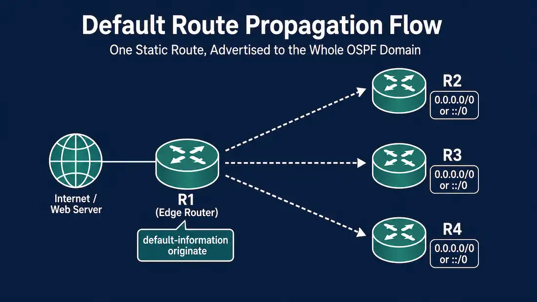 Propagating A Default Static Route In Ospf (Ospfv2 And Ospfv3) 1 Diagram Showing An Edge Router R1 With A Static Default Route To The Internet Propagating That Route Via Ospf To Three Other Routers On The Network