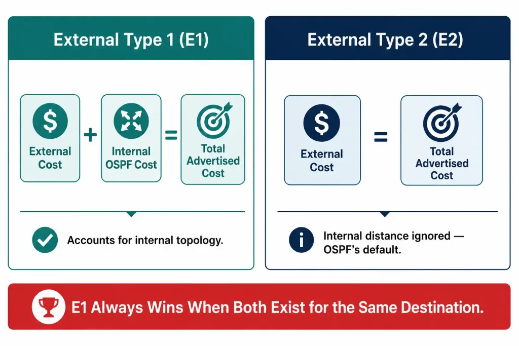 Propagating A Default Static Route In Ospf (Ospfv2 And Ospfv3) 2 Comparison Showing Ospf External Type 1 Routes Add Internal And External Cost Together While Type 2 Routes Use Only The External Cost