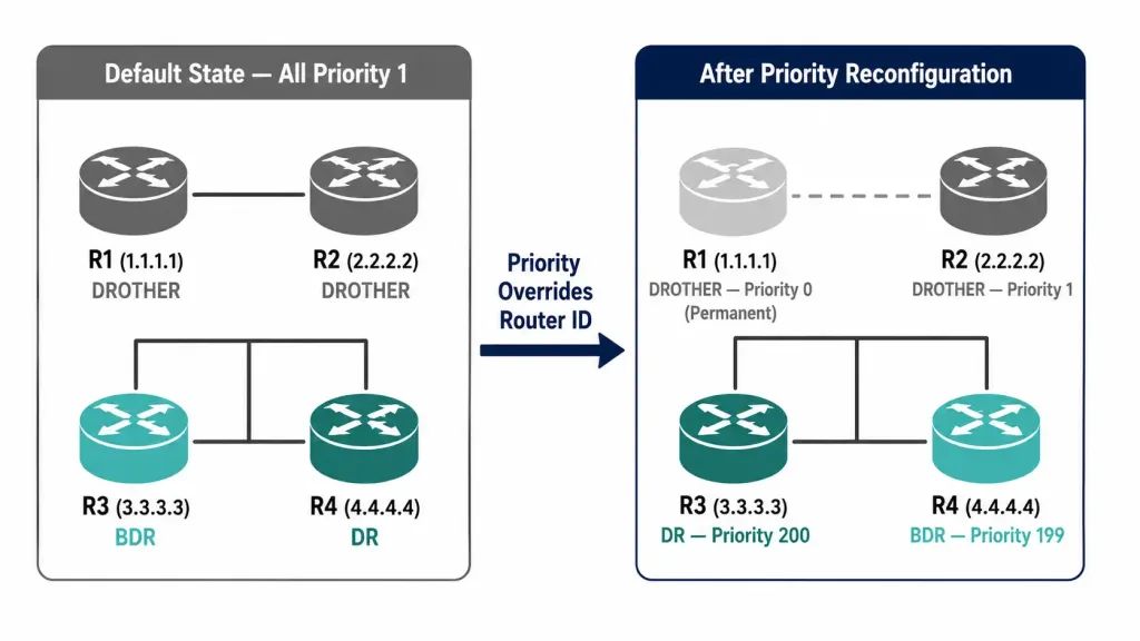 Ospf Priority: Dr/Bdr Election, Configuration, And Verification 2 Before And After Diagram Showing Four Routers' Ospf Roles Changing From A Router Id Based Election To A Priority Based Election After R3 And R4 Are Configured With Higher Priorities