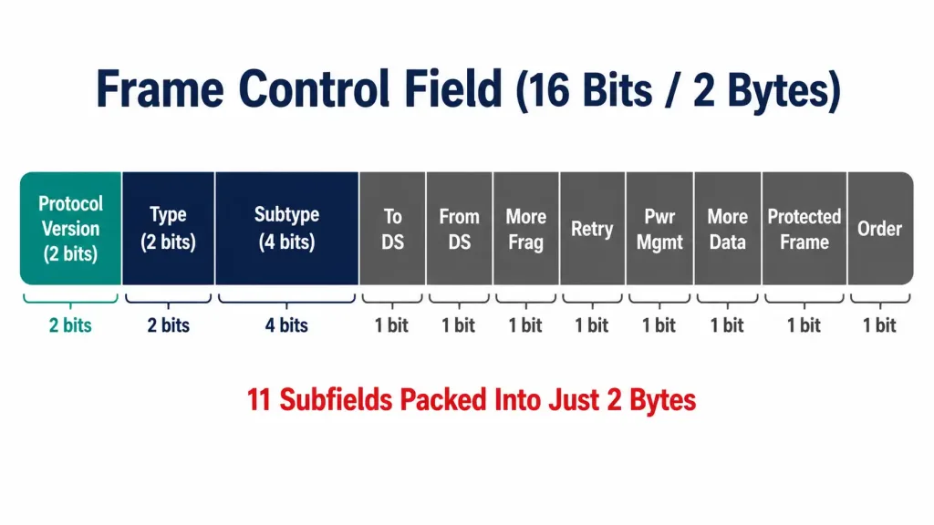 The 802.11 Wireless Frame: Mac Header Fields Explained 2 Bit-Level Breakdown Of The 802.11 Frame Control Field Showing Its Eleven Subfields Including Protocol Version, Type, Subtype, To Ds, From Ds, And Power Management