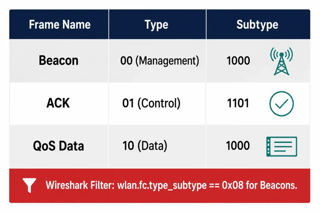 Frame Control Field Format: The 11 Subfields Explained 2 Table Showing Example Type And Subtype Bit Values For A Beacon, Ack, And Qos Data Frame, With A Wireshark Filter Example