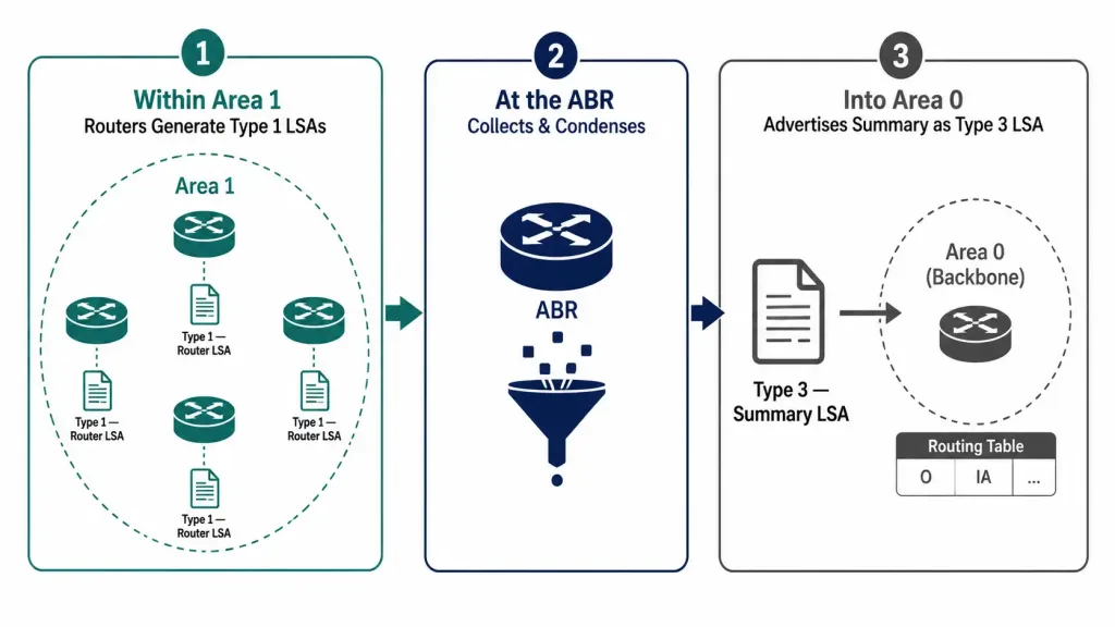 Ospf Lsa Types: A Complete Guide From Type 1 To Type 11 2 Diagram Showing Multiple Routers Generating Type 1 Router Lsas Inside An Area, An Abr Collecting And Condensing Them, And The Resulting Type 3 Summary Lsa Appearing As An O Ia Route In The Backbone