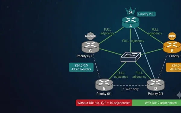 Ospf Multiaccess Topology Showing Five Routers Connected To One Switch With Dr, Bdr, And Drother Roles Labeled, Full Adjacency Lines To Dr And Bdr, 2-Way Lines Between Drothers, And Multicast Address Labels 224.0.0.5 And 224.0.0.6