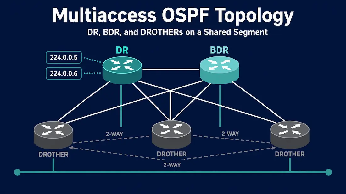 Challenges In Multiaccess Ospf Networks 1 Diagram Of Five Routers On An Ospf Multiaccess Ethernet Segment Showing Dr And Bdr With Full Adjacency Lines To All Drothers, And 2-Way Dashed Lines Between Drothers, With Multicast Addresses 224.0.0.5 And 224.0.0.6 Labeled