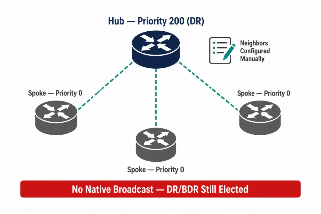 Types Of Ospf Networks: Point-To-Point, Broadcast, Nbma, And More 4 Diagram Of An Nbma Hub-And-Spoke Network With The Hub Set To Priority 200 To Become Dr, Spokes Set To Priority 0, And Manually Configured Neighbor Relationships