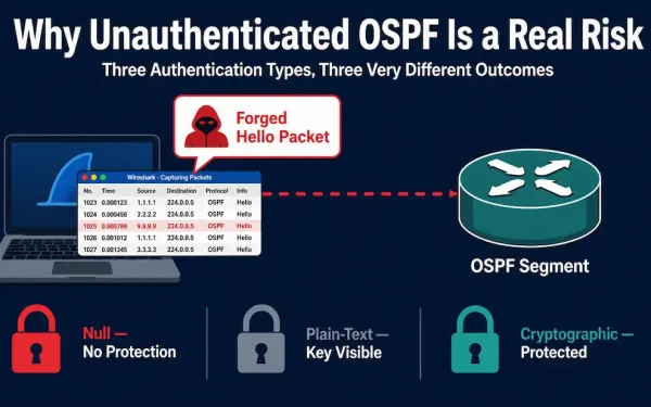 Infographic Showing An Attacker Forging An Ospf Hello Packet On An Unauthenticated Segment, Compared Against Null, Plain-Text, And Cryptographic Authentication Types