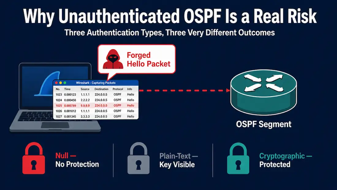 Ospf Authentication: Configuration, Migration, And Best Practices 1 Infographic Showing An Attacker Forging An Ospf Hello Packet On An Unauthenticated Segment, Compared Against Null, Plain-Text, And Cryptographic Authentication Types
