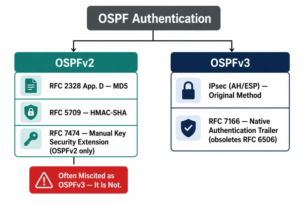 Ospf Authentication: Configuration, Migration, And Best Practices 2 Tree Diagram Mapping Ospf Authentication Rfcs, Showing Rfc 2328, 5709, And 7474 Under Ospfv2, And Ipsec And Rfc 7166 Under Ospfv3, With A Note That Rfc 7474 Is Often Incorrectly Cited As An Ospfv3 Standard
