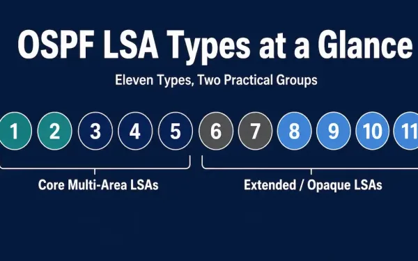 Infographic Showing All Eleven Ospf Lsa Types Grouped Into Core Multi-Area Lsas (Types 1 Through 5) And Extended Or Opaque Lsas (Types 6 Through 11)