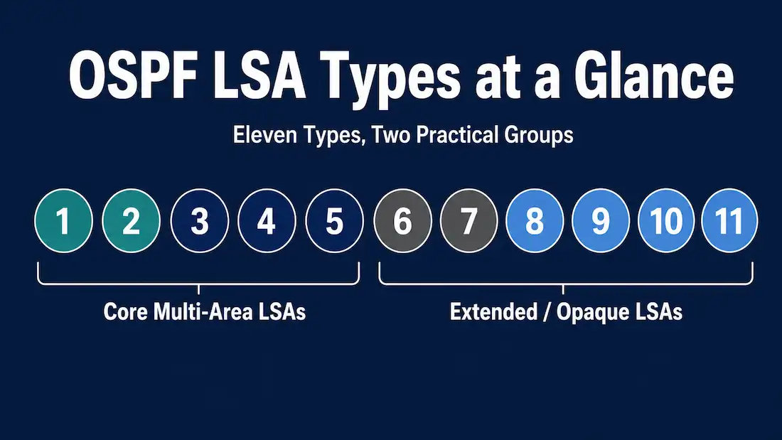 Ospf Lsa Types: A Complete Guide From Type 1 To Type 11 1 Infographic Showing All Eleven Ospf Lsa Types Grouped Into Core Multi-Area Lsas (Types 1 Through 5) And Extended Or Opaque Lsas (Types 6 Through 11)