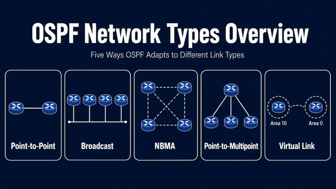 Types Of Ospf Networks: Point-To-Point, Broadcast, Nbma, And More 1 Infographic Showing Five Ospf Network Types Side By Side: Point-To-Point, Broadcast, Nbma, Point-To-Multipoint, And Virtual Link