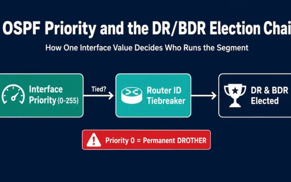 Flowchart Showing Ospf Priority Deciding The Dr And Bdr Election, Falling Back To Router Id As A Tiebreaker, With Priority 0 Permanently Excluding A Router