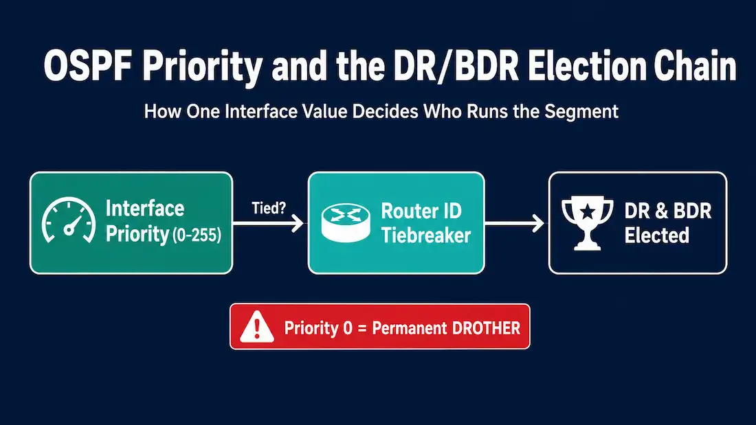 Ospf Priority: Dr/Bdr Election, Configuration, And Verification 1 Flowchart Showing Ospf Priority Deciding The Dr And Bdr Election, Falling Back To Router Id As A Tiebreaker, With Priority 0 Permanently Excluding A Router