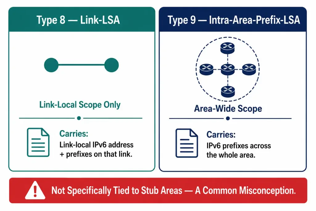 Ospf Lsa Types: A Complete Guide From Type 1 To Type 11 3 Comparison Showing Ospfv3 Type 8 Link-Lsa With Link-Local Only Flooding Scope Against Type 9 Intra-Area-Prefix-Lsa With Area-Wide Flooding Scope