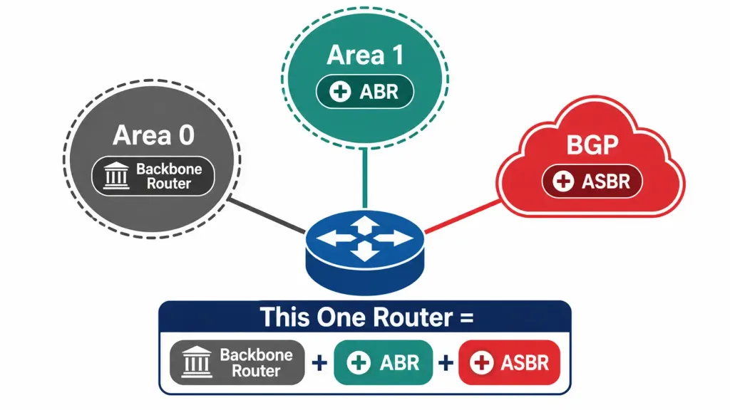 Types Of Routers In Ospf: Internal, Backbone, Abr, And Asbr 3 Diagram Showing A Single Router Simultaneously Acting As A Backbone Router, Area Border Router, And Autonomous System Boundary Router Based On Its Three Different Connections