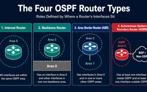 Infographic Showing The Four Ospf Router Types — Internal Router, Backbone Router, Area Border Router, And Autonomous System Boundary Router — Each Illustrated By Where Its Interfaces Connect