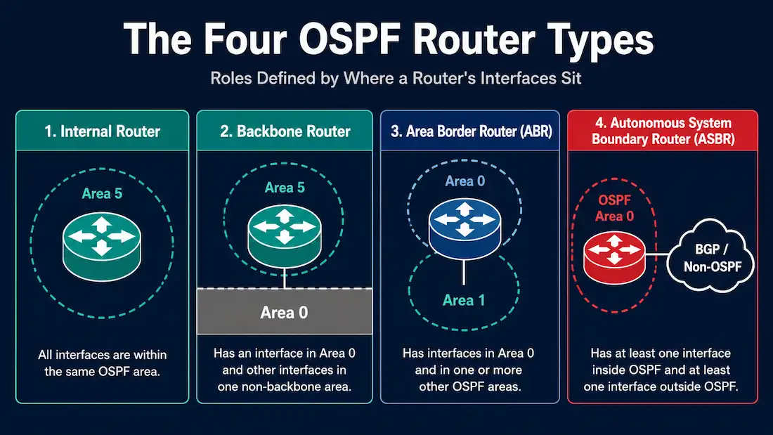 Types Of Routers In Ospf: Internal, Backbone, Abr, And Asbr 1 Infographic Showing The Four Ospf Router Types — Internal Router, Backbone Router, Area Border Router, And Autonomous System Boundary Router — Each Illustrated By Where Its Interfaces Connect
