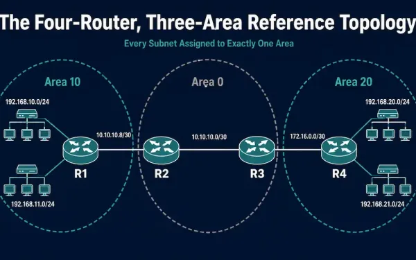 Diagram Of A Four-Router Ospf Topology With R1 And R4 As Internal Routers In Area 10 And Area 20, And R2 And R3 As Abrs Bridging Those Areas Through Area 0, With Labeled Subnets For Every Link