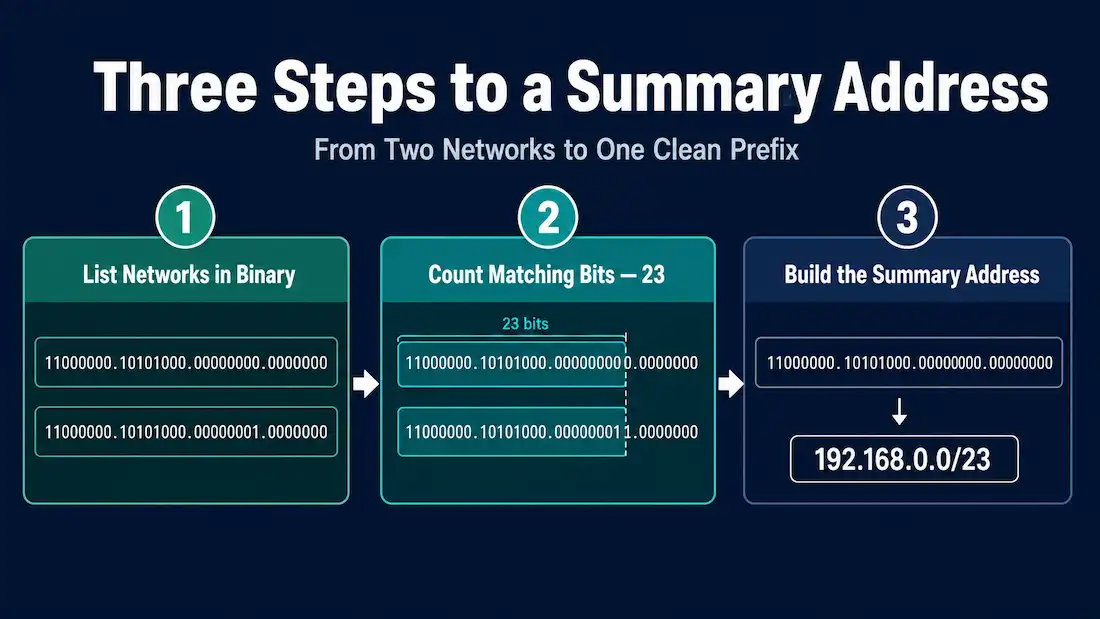 Interarea Route Summarization: Calculating The Summary Address By Hand 1 Three-Step Diagram Showing How To Calculate An Ospf Summary Address By Listing Networks In Binary, Counting Matching Bits, And Building The Resulting Summary Prefix