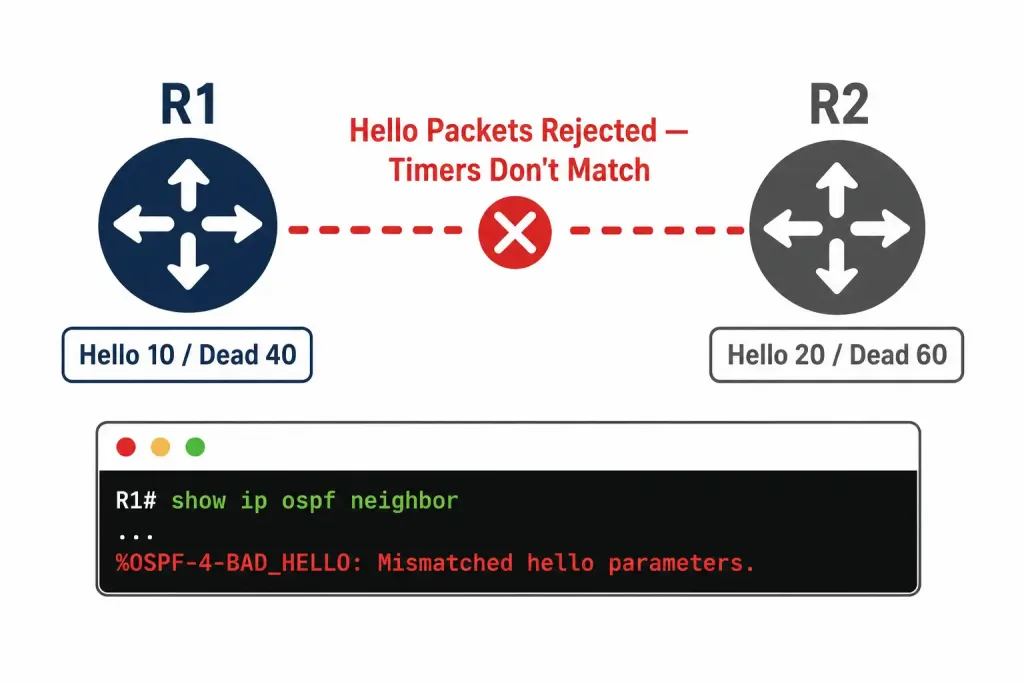 Ospf Hello And Dead Intervals 3 Diagram Showing Two Routers With Mismatched Ospf Hello And Dead Intervals Failing To Form An Adjacency, With The Bad_Hello Debug Message Shown
