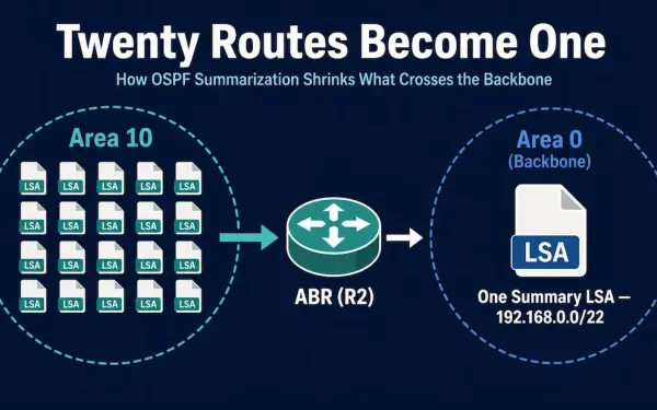 Diagram Showing Twenty Individual Lsas From Area 10 Being Condensed By An Abr Into A Single Summary Lsa Advertised Into Area 0