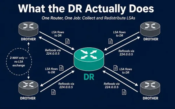 Diagram Showing The Ospf Designated Router Collecting Lsas From Four Drothers And Reflooding Them Back Out Via Multicast, With Drothers Remaining At 2-Way With Each Other